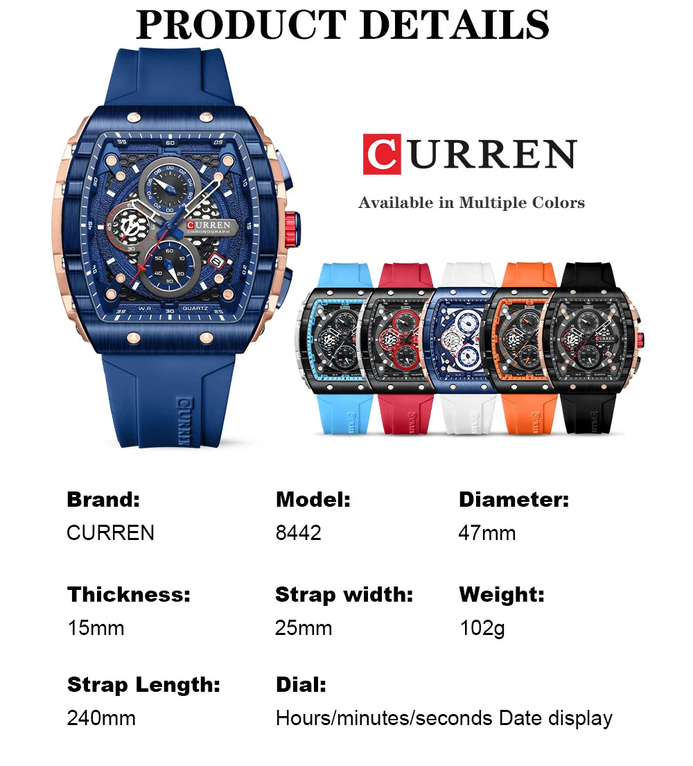 CURREN Fashion men watch brand unique square design luxury quartz sports tape watches men waterproof